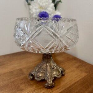 Vintage Cut Crystal Compote with Ornate Metal Base Heavy Pressed‎ Glass Pedestal